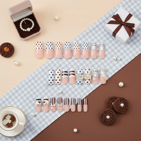 24pcs Y2k Press On Nails Polka Dot Blue Brown Stripes French Style Fake Nails Bows Heart Lock Key Camellias Decor False Nails