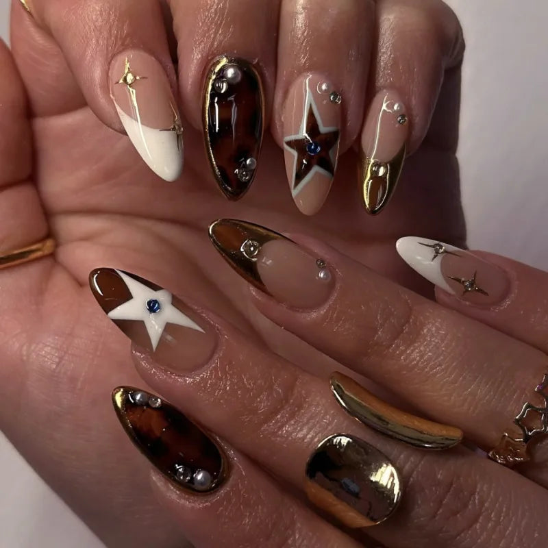 24pcs Colorful Five-pointed Star Press On Nails Red Stripes French Style Y2k Fake Nails Yellow Almond European Fake Nail Tips