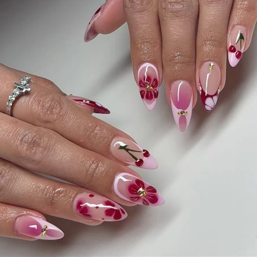 Wine Red French Wearable Nail Art Flowers Petal Halo Dyeing Almond False Nails Detachable Finished Fake Nails Press on Nails