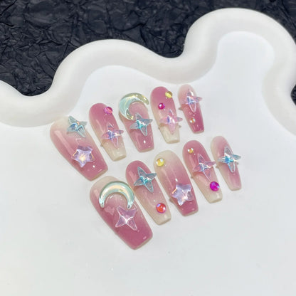 10Pcs Handmade Press on Nails Long Ballet Blue Fake Nails with 3D Ocean Moon Rhinestone Design False Nails Full Cover Nail Tips