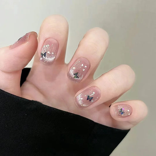 24Pcs Medium Short Square False Nails Glittering Nail Art White Wearable Fake Nail Silver French Full Cover Press on Nail Tips
