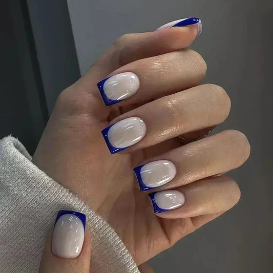 24Pc Short Square False Nails with Glue Ballet French Fake Nails Wearable Simple Glitter Edge Artificial Press on Nail Short Tip
