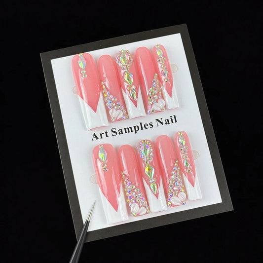 10pcs high-end Sweet girl style, hand-painted three-dimensional petals, dazzling cluster of diamonds handmade fake nails