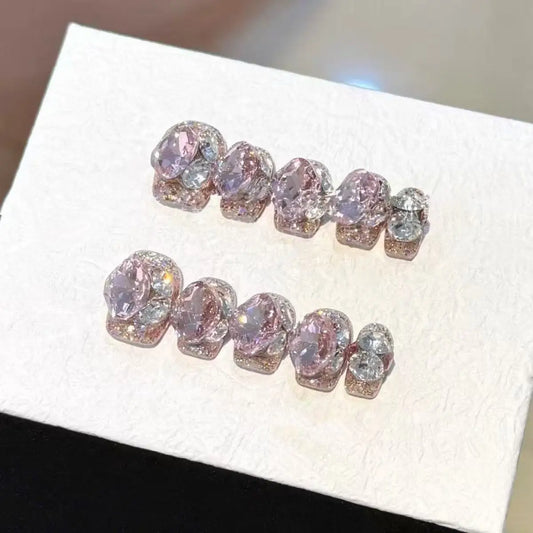 10pcs high-end Sweet and girlish style, pink sparkling rose, dazzling diamonds all over handmade fake nails