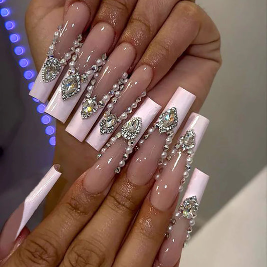 24Pcs Long Square Head False Nails Press on Rhinestone Pearl Design Full Cover Nails Tips with White French Wearable Fake Nails