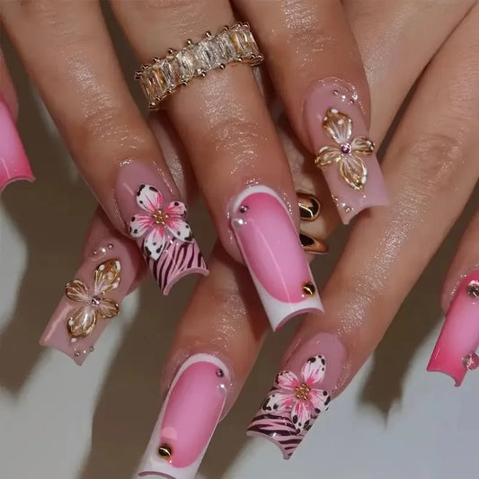 24Pcs Mid Long Pink Leopard Fake Nails with Bow Design Press on Nails Square Wearable French False Nail Full Cover Manicure Tips