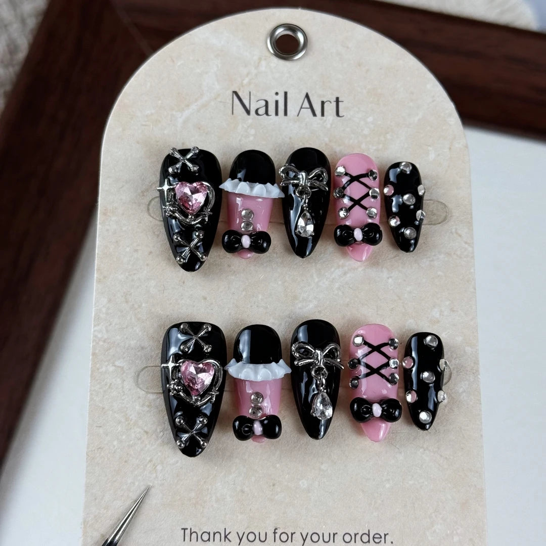 10pcs high-end Dark-themed fugitive princess, hand-drawn three-dimensional heart, bow tie, dazzling array of sparkling diamonds