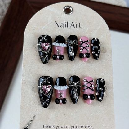 10pcs high-end Dark-themed fugitive princess, hand-drawn three-dimensional heart, bow tie, dazzling array of sparkling diamonds