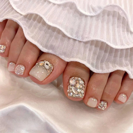 24pcs Full Shiny Rhinestone False Toenails Clear White Short Sqaure Shaped Ins Fake Toenail Silver Flash Powder Press On Nail