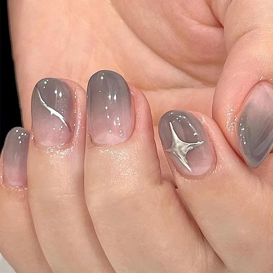 24Pcs Spice Girls Almond False Nails with Jelly Glue Cute Fake Nails with Gold Foil Sweet Cool French Acrylic Press on Nail Tips