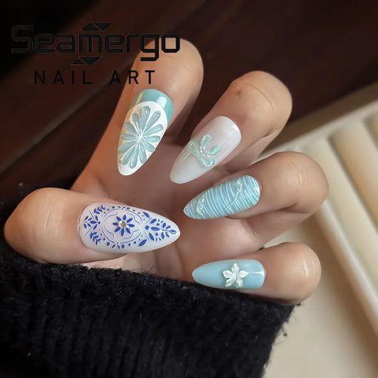 24PCS Almond Press on Nails Light Blue White Porcelain Style Bow Flower Print Diamond Decor Fresh Summer Reusable False Nails