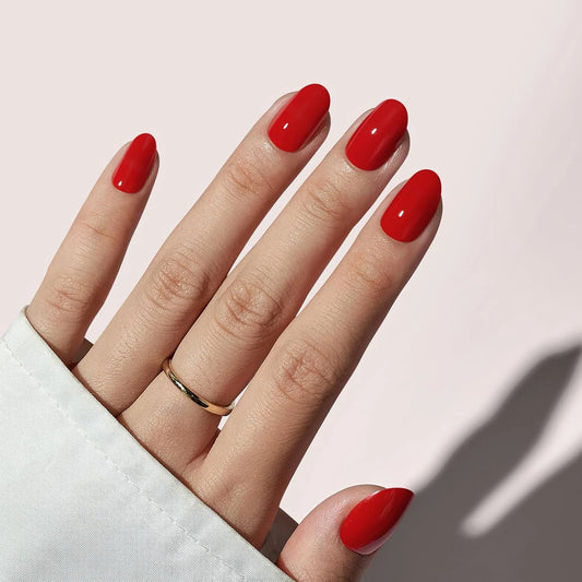 24PCS Red Nails Short Oval False Nails Press Nails Thick False Nails Medium Almond Nails Press Reusable Acrylic Nails