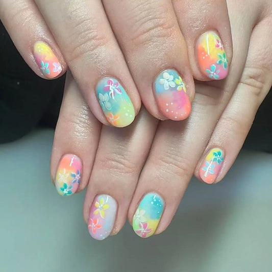 24pcs Ocean Fish Pattern Full Cover Nail Art Summer Day Short Oval Press on False Nails Sweet Colorful Stripes Design Fake Nail