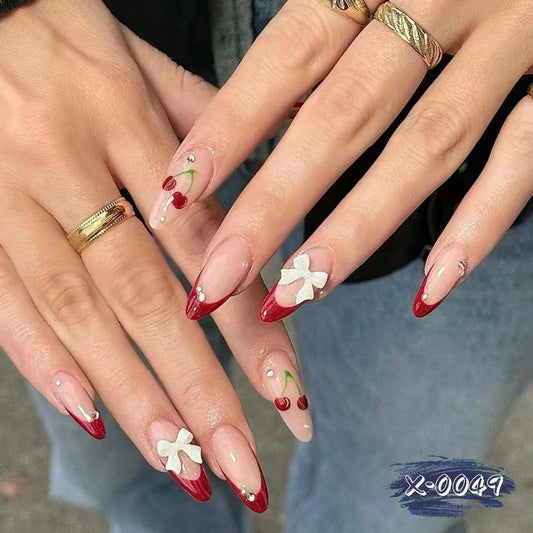 24Pcs Mid-length Red French Almond Press on Nails Tips 3D Bow Cherry Design False Nails Rhinestone Wearable Artificial Fake Nail