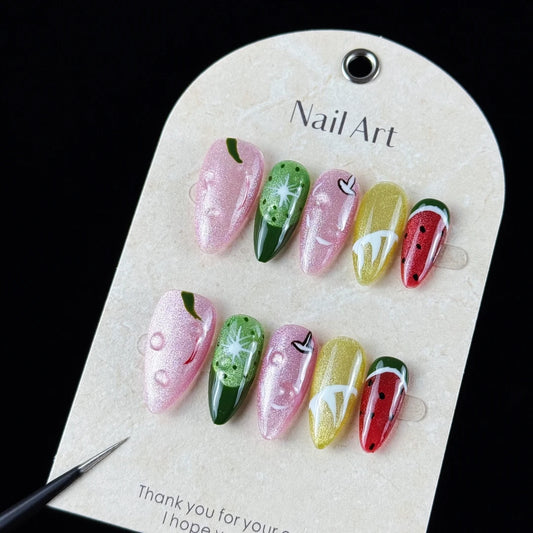 10pcs high-end Cool summer style, hand-painted watermelon pattern, dopamine color scheme, shiny cat-eye effect handmade fake nai