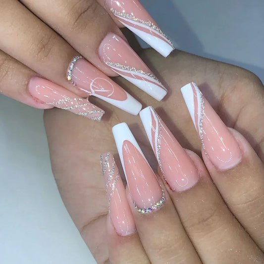 24Pcs Long Coffin French False Nails with Glue Bow Diamond Stick on Press on Acrylic Nails Black Ballerina Nail Art Manicure Tip