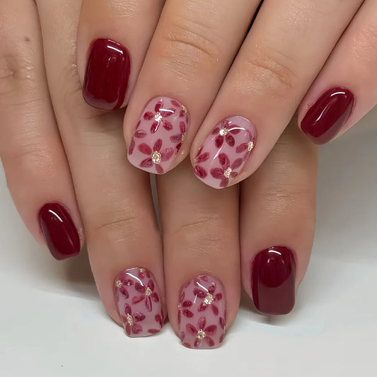 24pcs Press on Nails Flower Full Cover Wine Red Short Square False Nail Tips Stripe Design Stick on Nails Sets Ballet Manicure