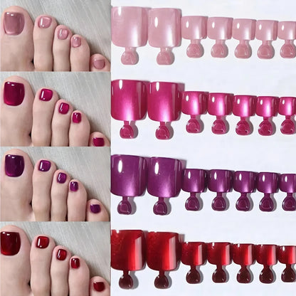 96pcs/Box 4Colors Cat Eye Press-On Toenails French Short Square Press-on Toenail Design Full Cover for Wearing Feet Nail Supplie