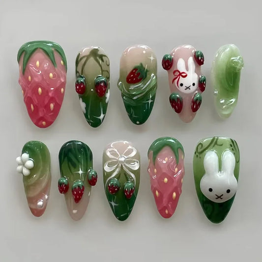 24pcs Press on Nails Tips Strawberry Rabbit Design Almond False Nails Sets Gradient Green Fake Nail Finished Detachable Manicure