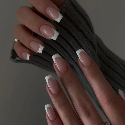 24Pcs Nude White French Fake Nail Short Square Nail Tips Fashion Wearable False Nails with Glue Simple Full Cover Press on Nails