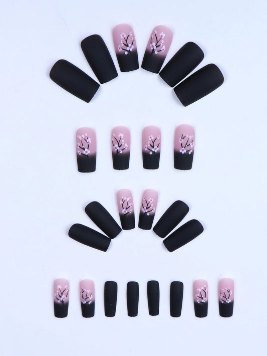 24PCS Coffin Nails Pure Black Nails Decorated With Cherry Blossoms Whitening Nail Art Set With Detachable Fake Nails For Festiva