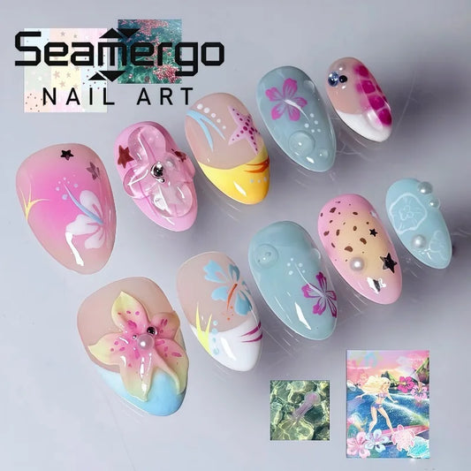 24PCS Short Almond Press on Nails Summer Beach False Nails with Flower Starfish and Pearl Design Fake Nails for Women Manicure