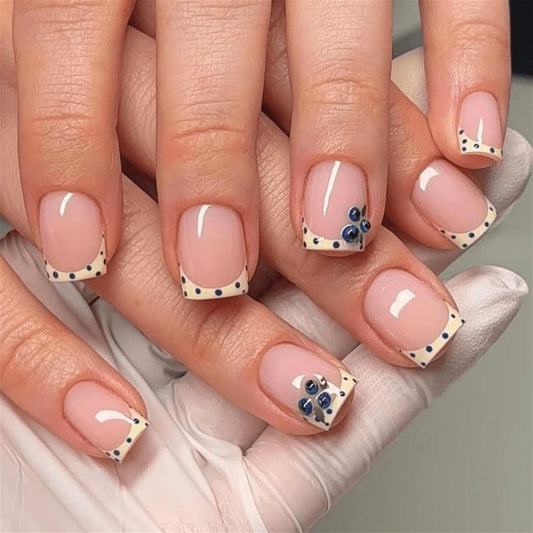 3D Lemon Blueberry Flowers Summer Fashion Polka Dot Blue Yellow French False Nails Detachable Finished Fake Nails Press on Nails