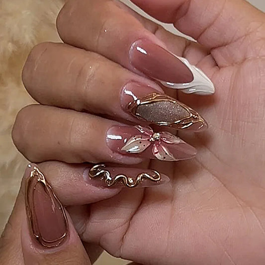 24pcs Nude Pink Fake Nails Press on Long Almond Nails Tips Flower Golden Stick on Nail French Spicy Girl Rhinestone False Nail