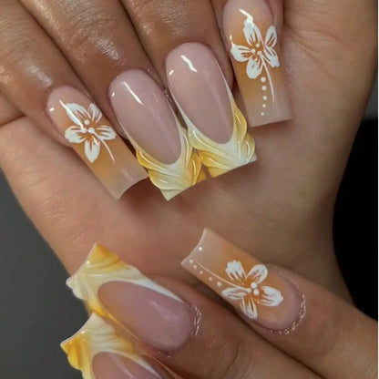24PCS Spice Girls False Nails Sweet Cool 3D Pink Flowers with Diamonds Decoration Square Press on Nails Full Cover Wearable Tips