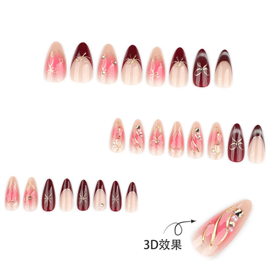 24pcs Shiny Gold Bowknots Press On Nails Wine-red French Style Almond False Nails For New Year Sweet Blush Charming Fake Nail