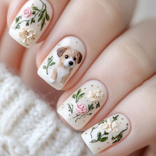 24Pcs Flower Green Leaf Press on Fake Nails Short Square Head False Nails Cute Dog Detachable Finished Full Cover Nails Tips Art