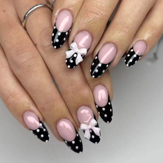 24pcs Black French Style Almond False Nails White Polka Dot Bowknots Decor Press On Nails Full Cover Korean Wearable Fake Nail