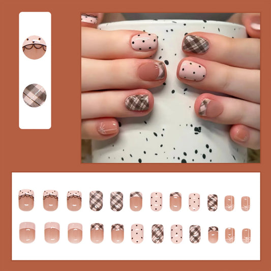 24pcs Short Square Shaped False Nails Sweet Pink Lace Edge French Style Press On Nails Polka Dot Plaid Bowknots Design Fake Nail