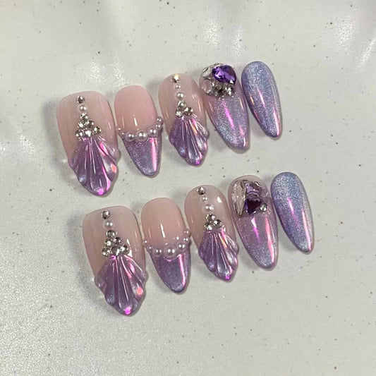 24Pcs Cat's Eye French Fake Nails Powder Blusher Rhinestone Manicure Tips Mid-length Ballerina Detachable Press on False Nails