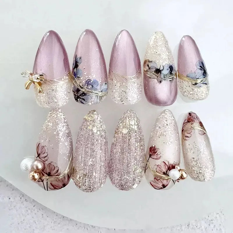 24Pcs Light Blue Smudge Fake Nails Press on Almond Gold Leaf Removable Long Full Cover Nail Tips Wearable Finished Nail Art