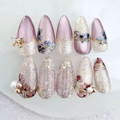 24Pcs Light Blue Smudge Fake Nails Press on Almond Gold Leaf Removable Long Full Cover Nail Tips Wearable Finished Nail Art