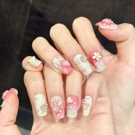 10Pcs Pink White Gradient Lovely Handmade Manicure French Sweet 3D Strawberry Stars Stick on Nail Short Wearable False Nails Set