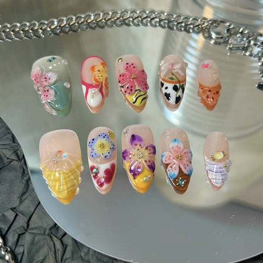 24pcs Colorful Flower Fake Nail Spicy Girls with Rhinestone Design Long Almond False Nails Press on Detachable French Manicure