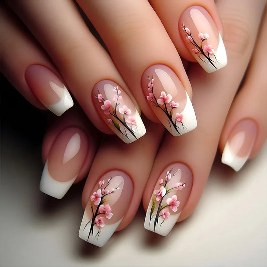 24pcs Fake Nails Art Simple Flower Design False Nail Sets White French Short Ballet Press on Nails Tips Square Manicure Finished