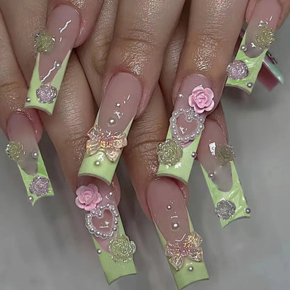 24Pcs Long Square Head French Fake Nail Tips 3D Love Heart Design Press on Nails with Rhinestone Pattern Wearable False Nail Art