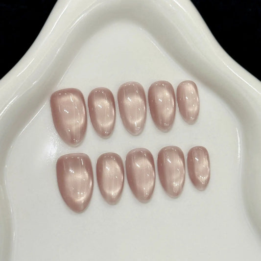 10pcs Handmade Press On Nails Solid Color Glossy Glass Beads Cat's Eye False Nails Full Cover Short Almond Fake Nail For Women