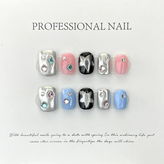 10Pcs Handmade Short Heart Diamond Design Reusable Fake Nails Glitter Full Cover Wearable Artificial Nail Tips Art Press On Nail