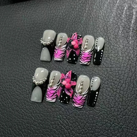 10Pcs Mid-length Coffin False Nails Sweet Cool Hot Girl Hand-painted Nail Art Stickers Wearable French Ballet Acrylic Nails Set
