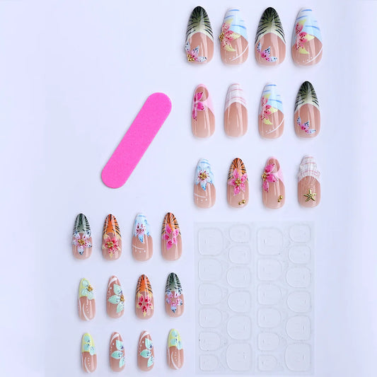 24PCS Summer Tropical Flower Press on Nails Summer 3D Shell and Tiger Print False Nails with Gold Bead Almond Acrylic Nail Tips