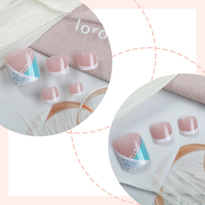 24Pcs Nude Color Fake Toenails Blue French Tip Press On Toe Nails Simple Charm Manicure Women Girls Summer DIY Manicure for Foot