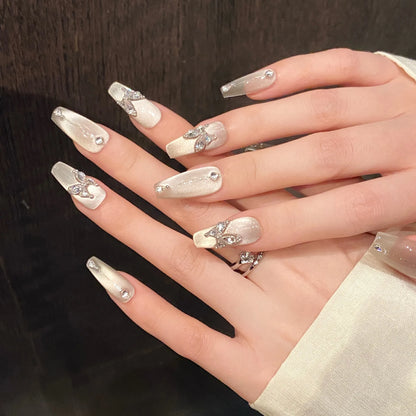 10pcs Handmade Press On Nails Clear Glass Beads Cat's Eye False Nails With Crystal Butterfly Designs Charming Korean Fake Nail