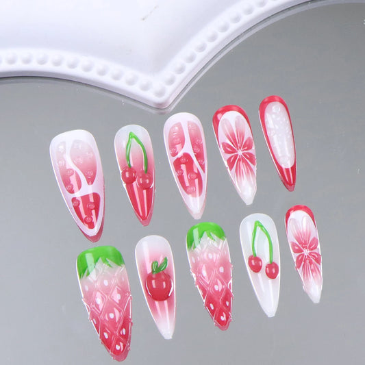 10PCS French Pointed Press Almond Long Holiday Nail With Strawberry Embossed Pattern Water Droplet Design Summer Artificial Nail