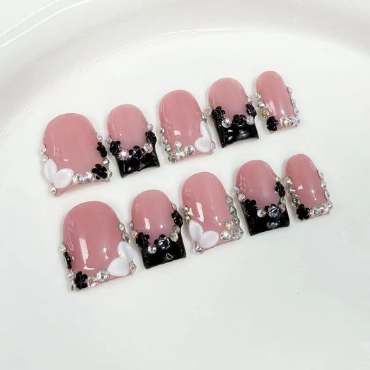10pcs high-end Sweet and cool girl style, hand-painted three-dimensional patterns, dazzling chain and diamond handmade fake nail