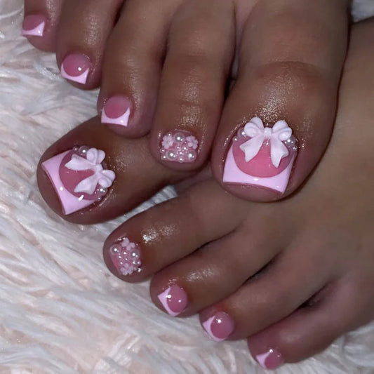 Simple Fashion Pink French Fake Toenail Tips with white Bow Pearl Design Press on Toe Nails Girls Detachable Fake Toenail Patch