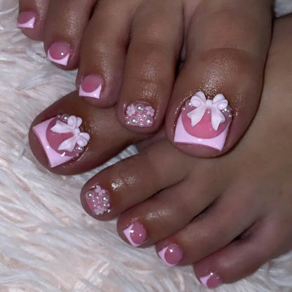 White French Fake Toenails with Rhinestone Design False Toenails for Girls Women Acrylic Toe Nail Tips Full Cover Wearable 24pcs